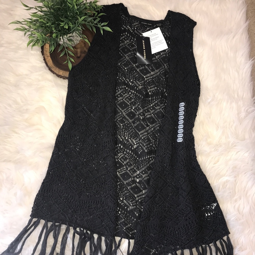 NWT Jeanne Pierre Charcoal Gray Knit Vest w Fringe